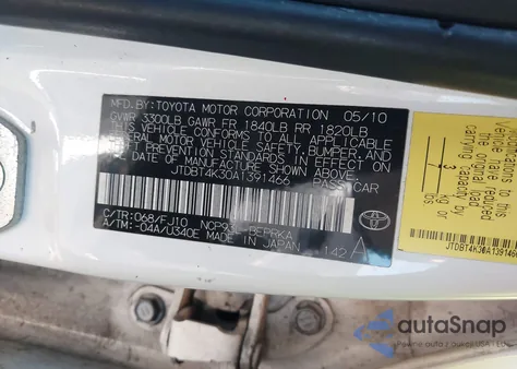 2010 Toyota Yaris z USA, uszkodzony, nr VIN JTDBT4K30A1391466